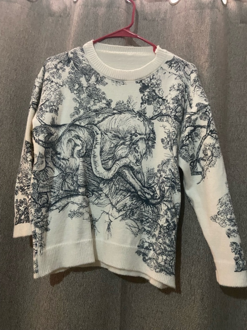 Cream and Navy Elephant Print Crewneck Sweater